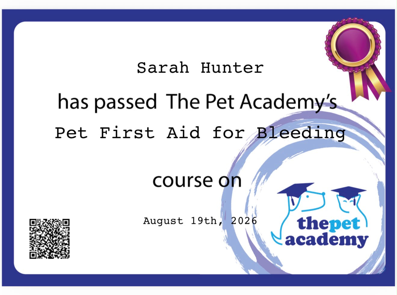 The Pet Academy Pet First Aid for Bleeding certificate