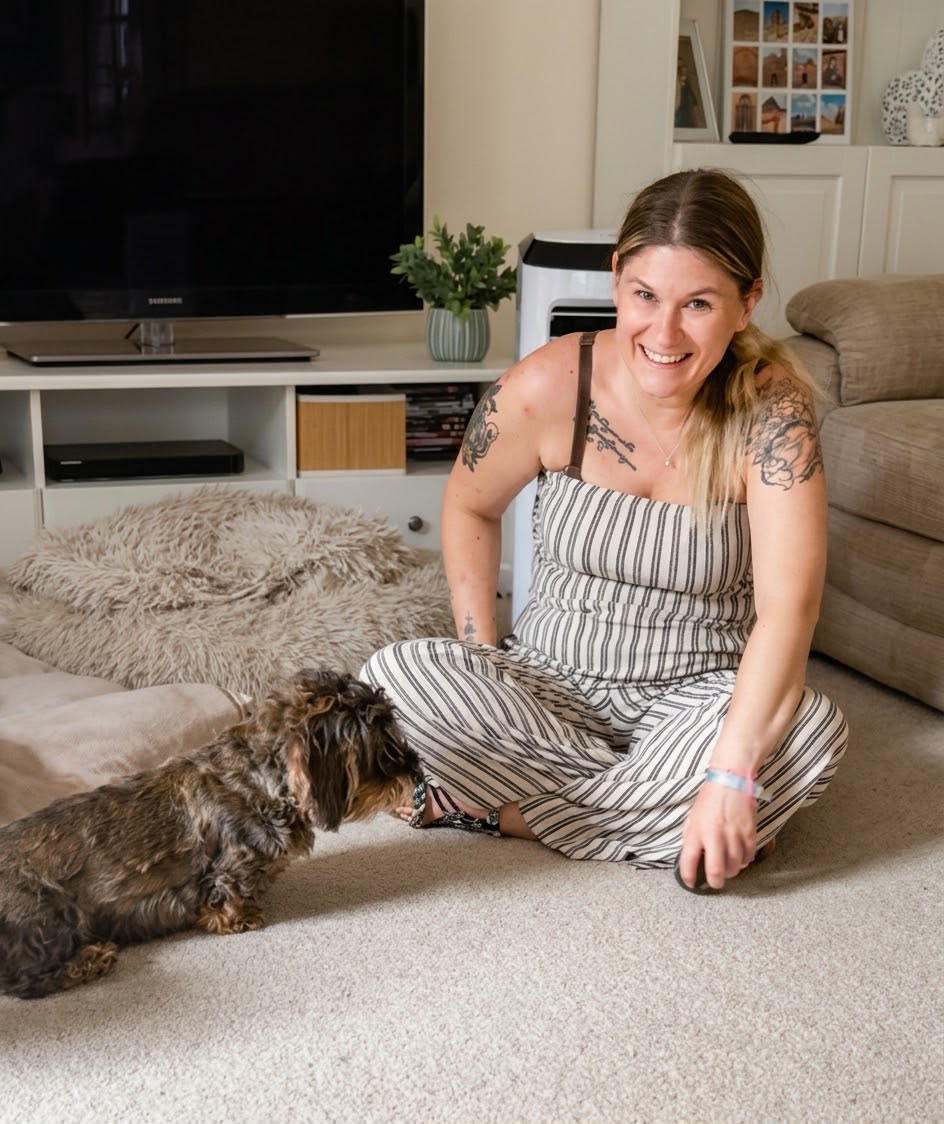 Sarah with a beloved pet companion
